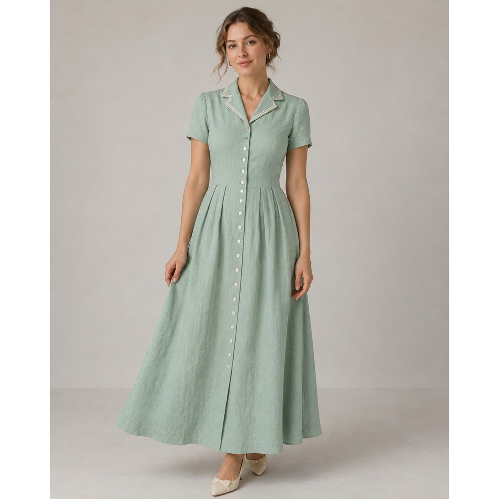 Cynthia Howie Maggy Boutique Sage Green Linen Blend Button Front Maxi Dress 12